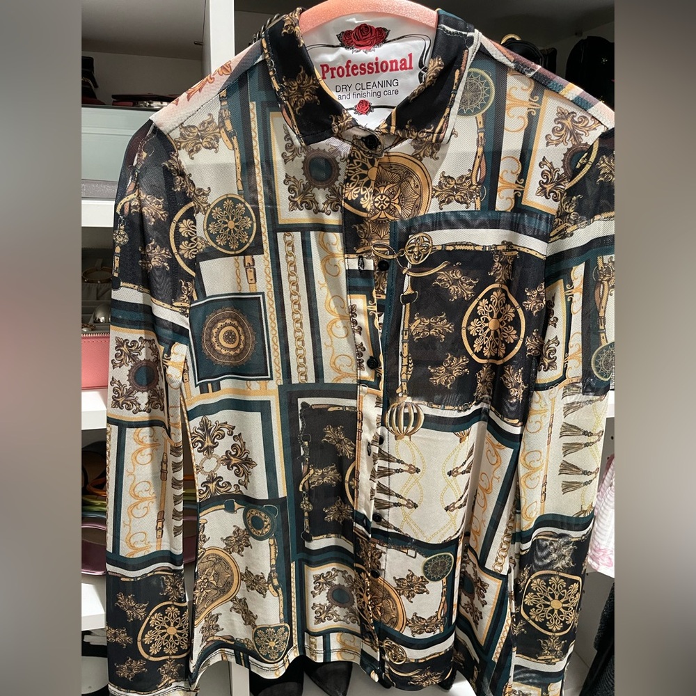 G by Guess Women's Sheer Button-Up Blouse with Chain Print